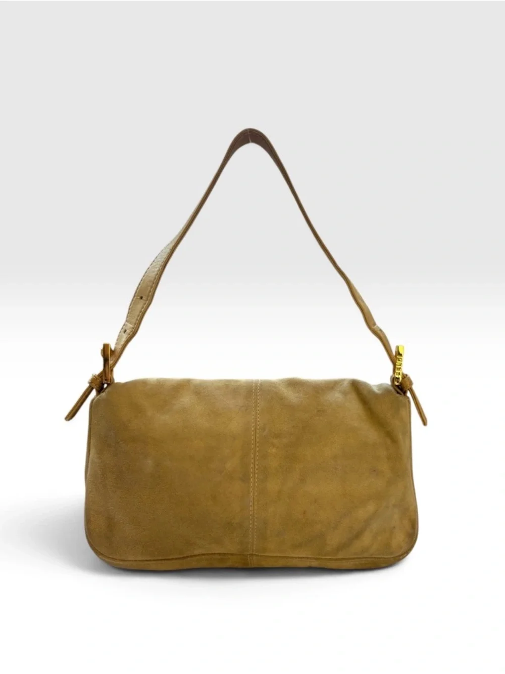 Fendi FF Logo Buttery Soft Camel Suede Baguette Bag Tan Gold